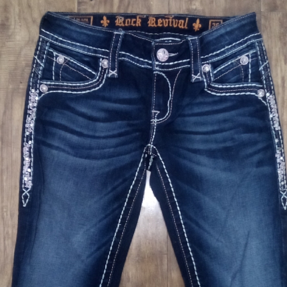 Rock Revival Women's 26 Dark Wash Skinny Jeans Amy Bejeweled Distressed NWOT